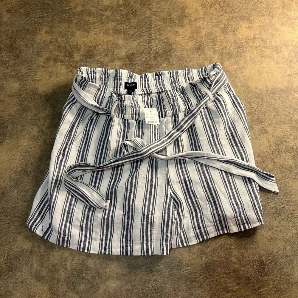 J.Crew Striped Paperbag Shorts Womens S Linen Blend Blue White Elastic Waist